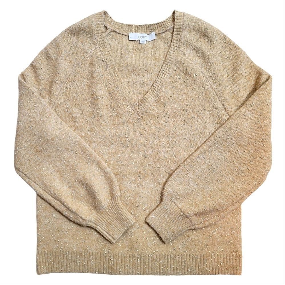 LOFT Tan & Gold Glitter Metallic Flecked V- Neck Ribbed Sweater